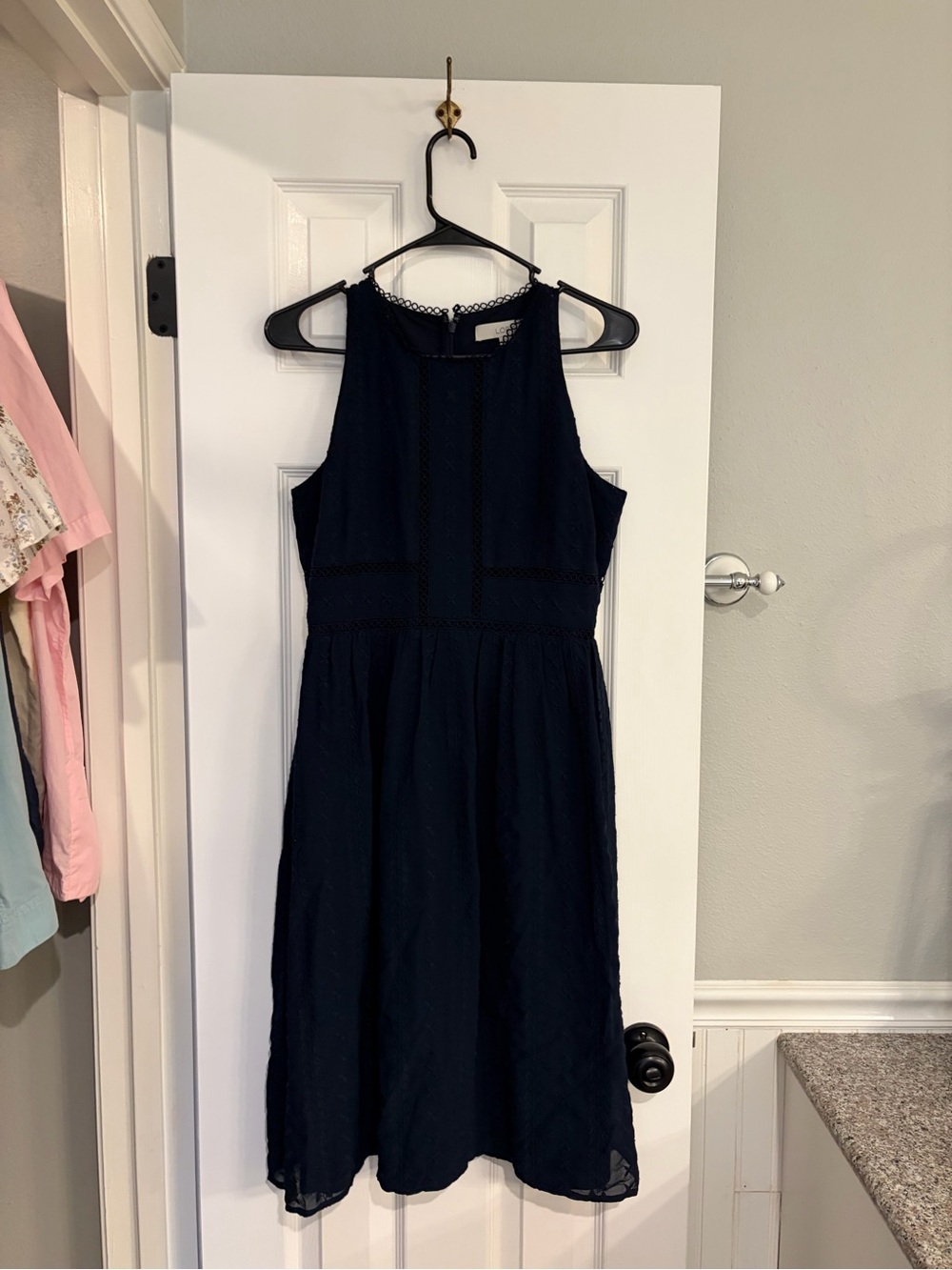 LOFT Dress Womens 2 Navy Eyelet Trim Classic Summer Workwear Chic